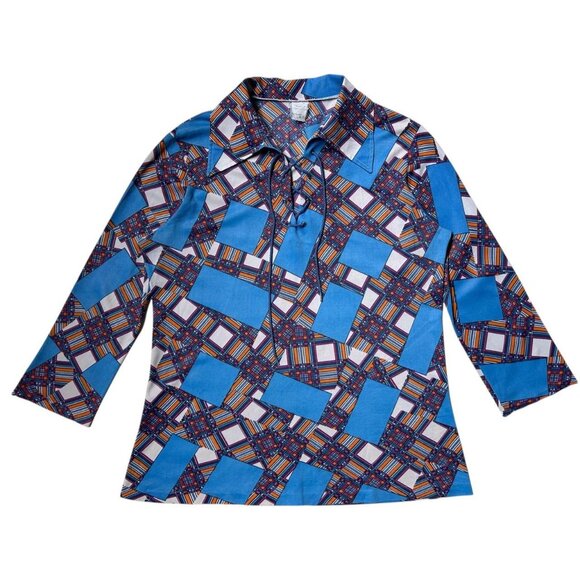 70s vintage pointed collar patchwork pattern top boho hippy 3/4 sleeve print. - Picture 4 of 8